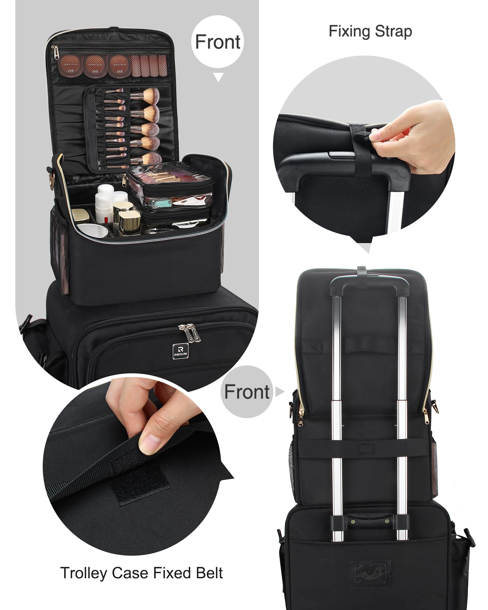 Large Makeup Carrying Train Case, Makeup Bag with 2 Small Bags, Professional Makeup Artist Bag Tattoo Case Travel Makeup Organizer Box with Adjustable Dividers and Shoulder Strap (Black)