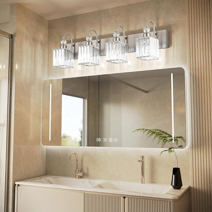 Ralbay Crystal Brushed Nickel Vanity Light for Bathroom 4-Light Modern Bathroom Light Fixtures