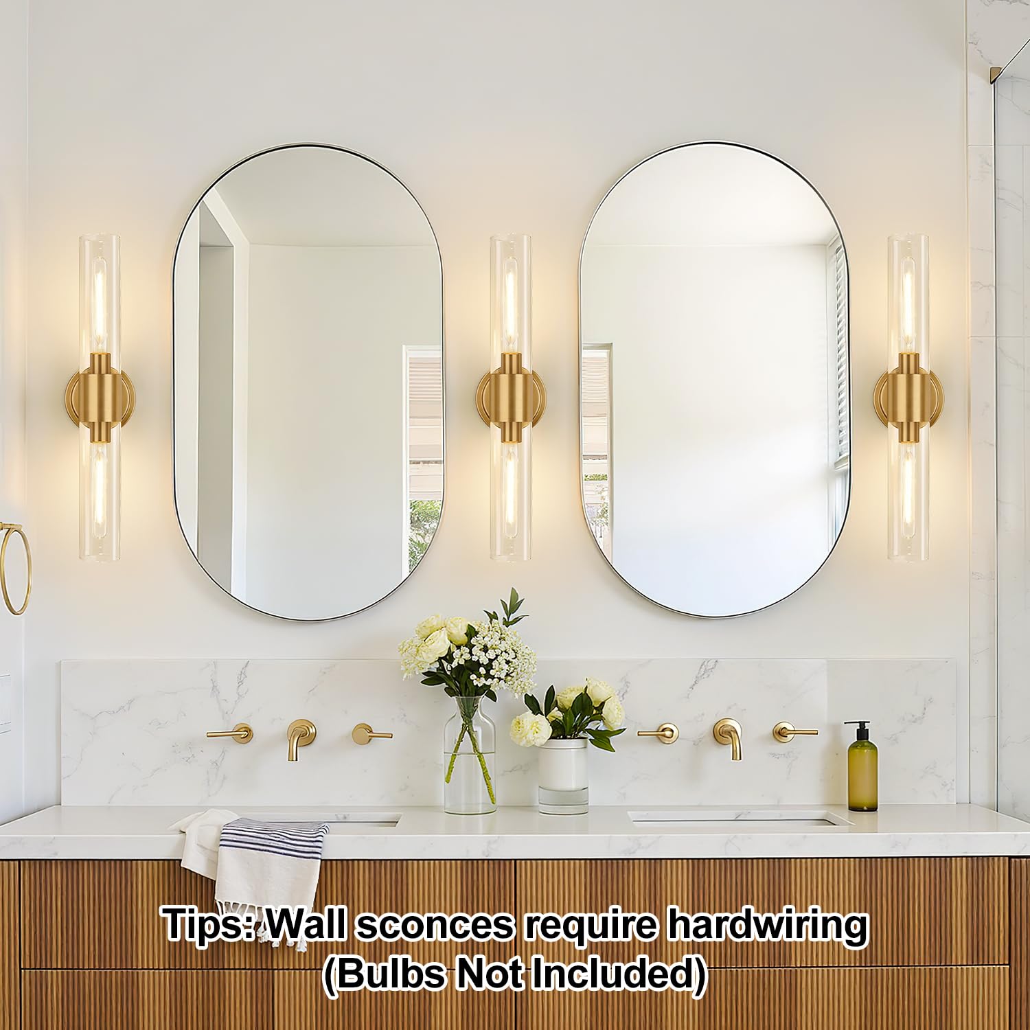 Meybiok Wall Sconces Set of Two, Brushed Gold Bathroom Sconces Wall Lighting with Clear Glass, Hardwired Modern Sconces Wall Decor Set of 2 for Bathroom Mirror Bedroom Living Room Hallway