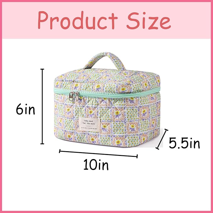uekeboag Large Travel Quilted Makeup Bag for Women, Floral Cotton Cosmetic Bag, Coquette Aesthetic Floral Toiletry Organizer Bag (04Yellow-Flower)