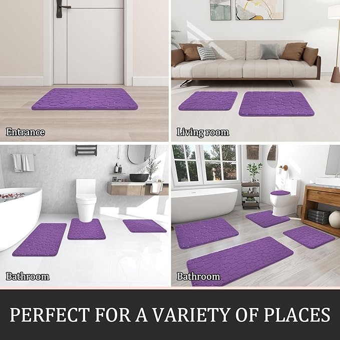 YIHOUSE Bathroom Rugs Mat Set, Memory Foam Bath Mat 3 Piece Purple