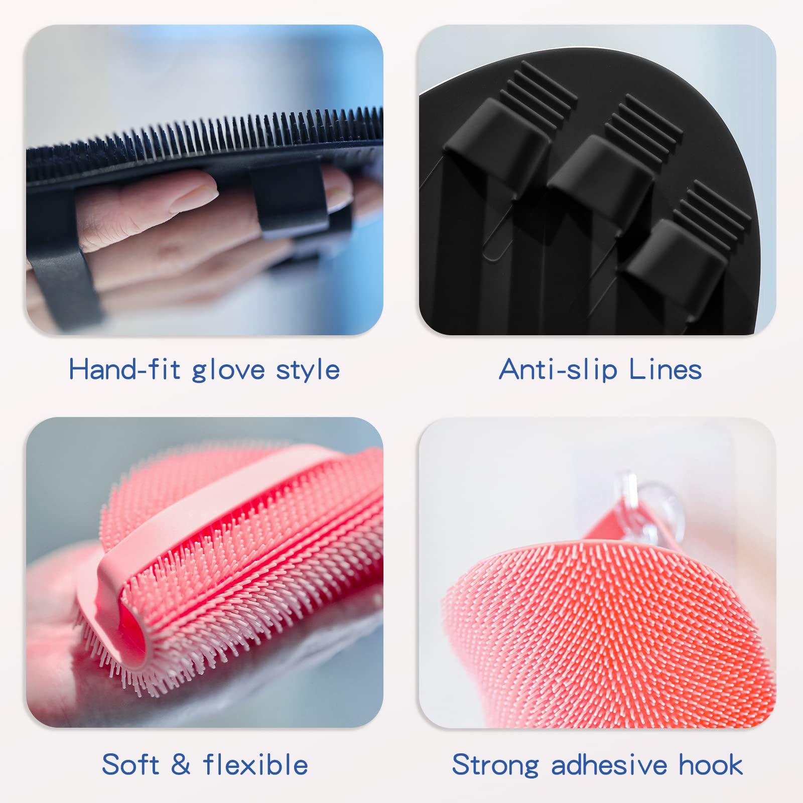 Manmihealth Silicone Back Scrubber Bath Brush Set Thick Bristles Black