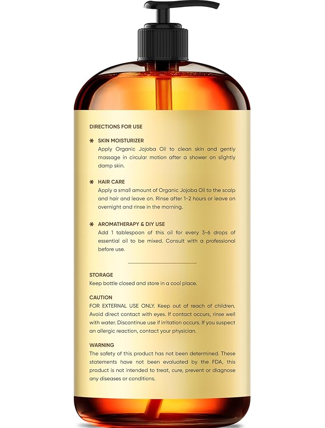 Brooklyn Botany Cold-Pressed Organic Jojoba Oil | 16 Fl Oz | Hair | Face | Body | 100% Pure and Natural | Carrier Oil | Aromatherapy | Massage | Ayurvedic Hair Care | Hexane-Free