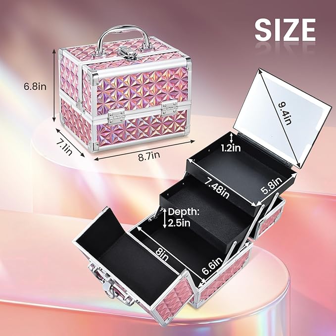 Faquenc Makeup Case with Lighted Mirror - Shiny Pink Hard Makeup Train Case with 3-Color LED Mirror, Portable Makeup Organizer Box for Women & Travel, Aluminum Cosmetic Case with Lock