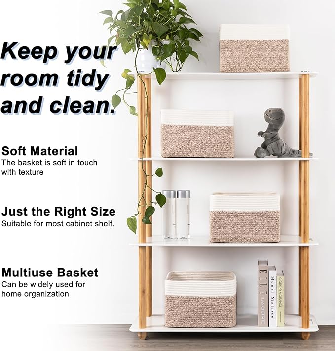 SIXDOVE 4 Pack Storage Baskets for Organizing, Woven Baskets for Shelves - Perfect for Toys, Books, Towels, and Clothes, Durable Gift Basket Bins Toy Storage, 12.7''Lx9''Wx7.8''H, Brown & White