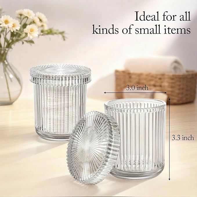 SheeChung Glass Qtip Holder Dispenser Set, 2-Pack Glass Apothecary Jars - Vintage Bathroom Vanity Organizer for Cotton Swabs, Balls, Pads, Floss Picks - Bathroom Accessories Decor