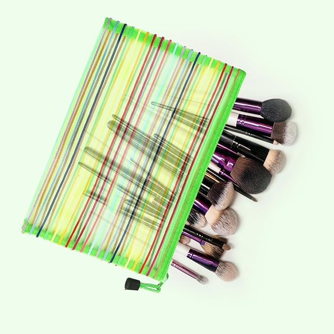 CarryEpic Mesh Bags with Zipper (6 Pack), Nylon Makeup Bag Cosmetic Pouches Travel Organizer Case for Purse Diaper Bag Home Organizing Striped Multi Size Green