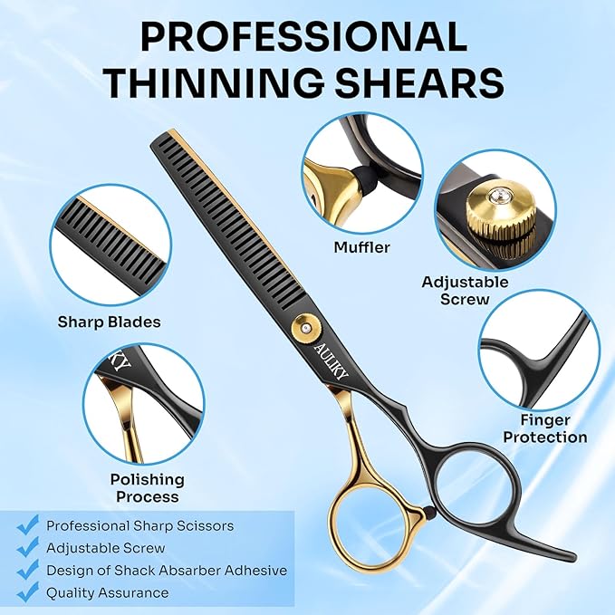 AULikY Hair Cutting Scissors Shears Kits, 15 Pcs Professional Stainless Steel Hairdressing Shears Set Thinning Scissors for Barber/Salon/Home/Men/Women/Kids/Adults