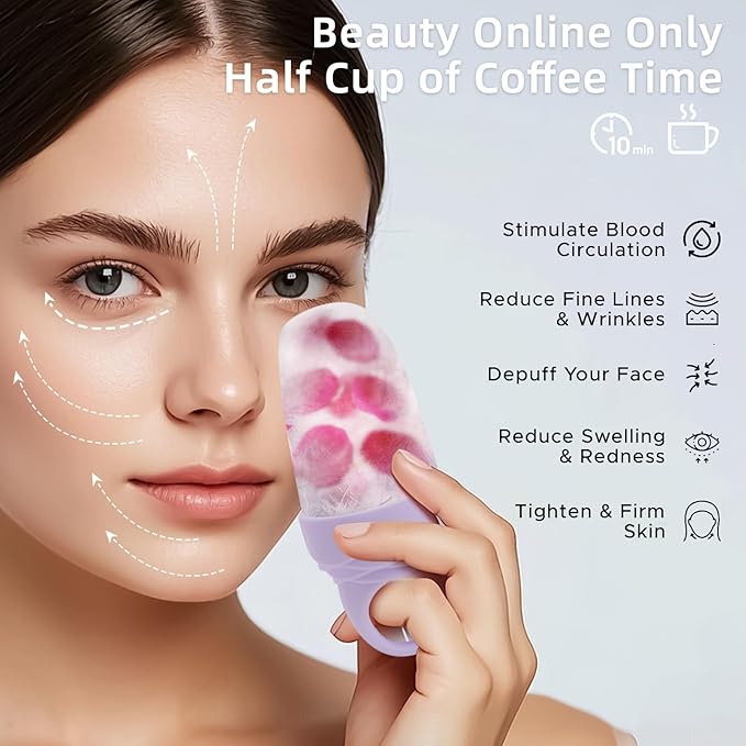 3 Pack Ice Roller for Face, Facial Ice Roller Silicone Mold Reusable for Face Women and Eye Neck Cold Skin Care Tools Freezer De Puff Eye Bags Reduce Migraine Pain Pink 1 + Purple 2