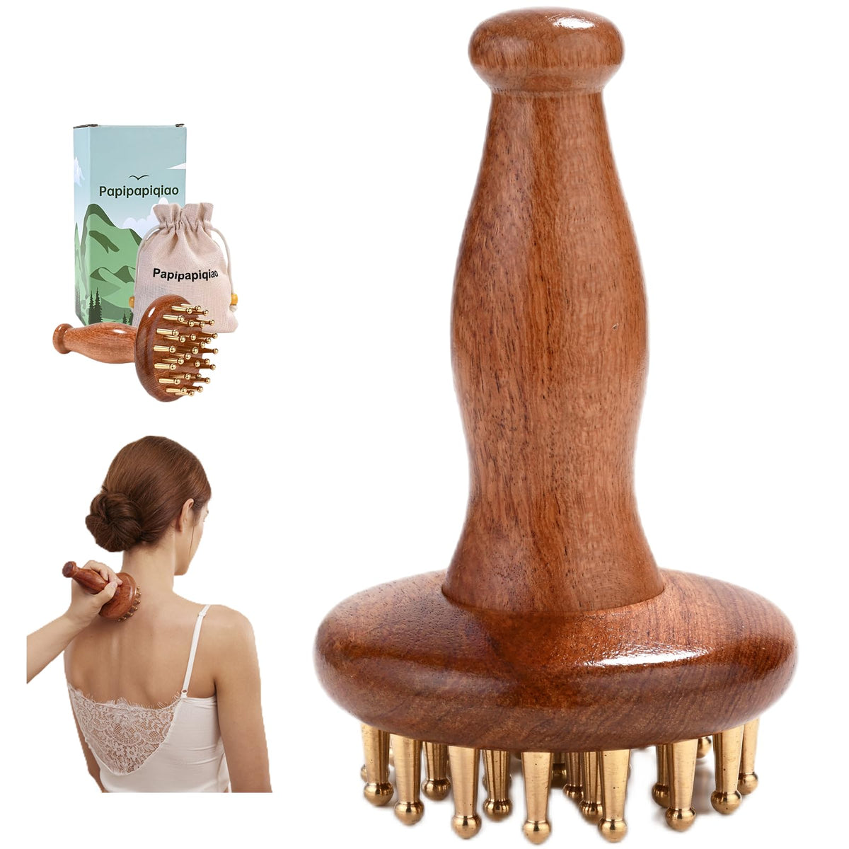 Papipapiqiao Copper Brass Gua Sha Muscle Scraper Tool with Wooden Handle – H62 Brass IASTM Soft Tissue Massage Tool for Fascia Release & Scar Tissue Relief – Deep Tissue Scraping Tool for Back & Body