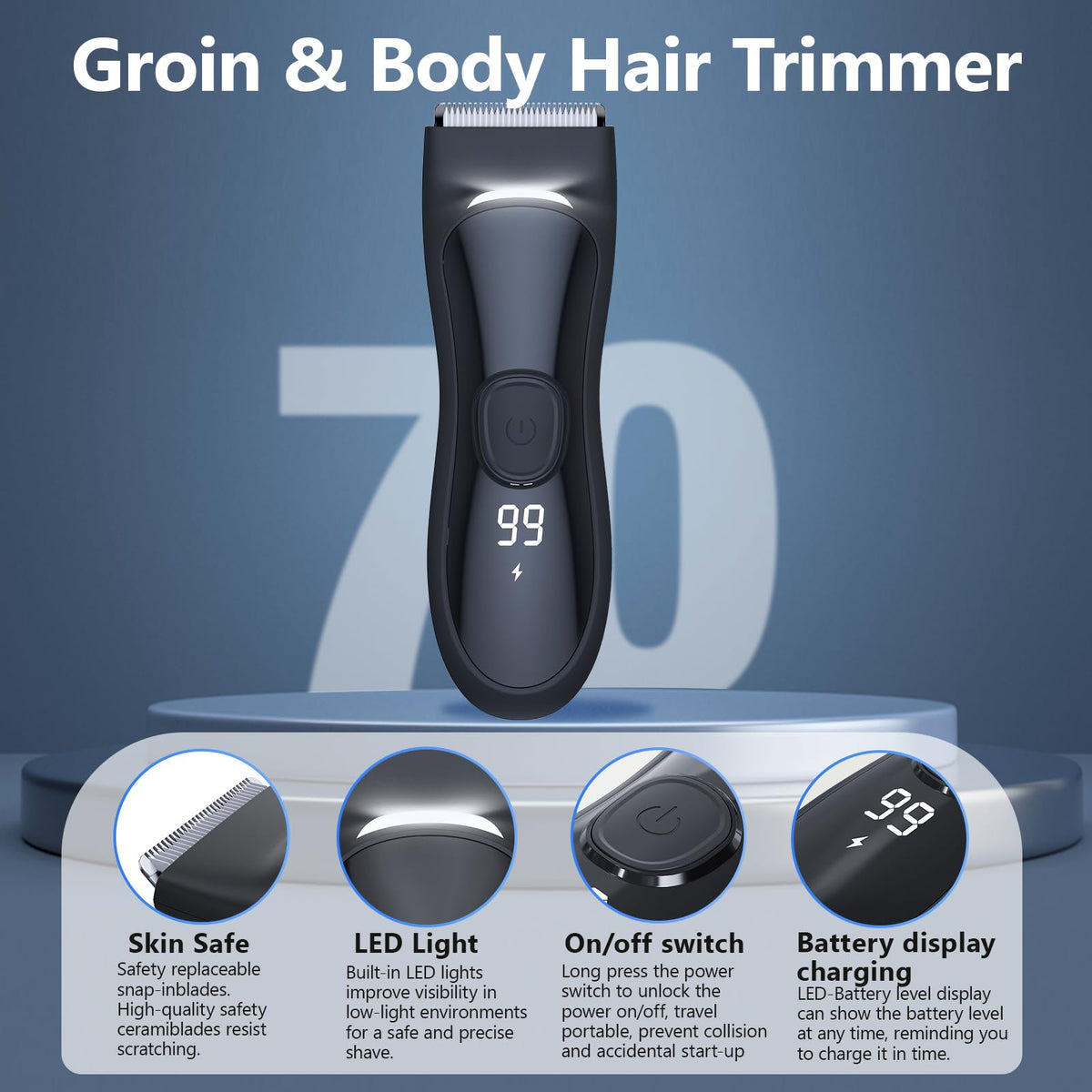 Beard and Body Trimmer for Men with Ceramic Blade, Waterproof, with 3 Guide Combs(1.5/3/6/9/12mm), Multifunction Electric Razor for Men & Pubic Shaver, LED Display, Travel Lock, Black