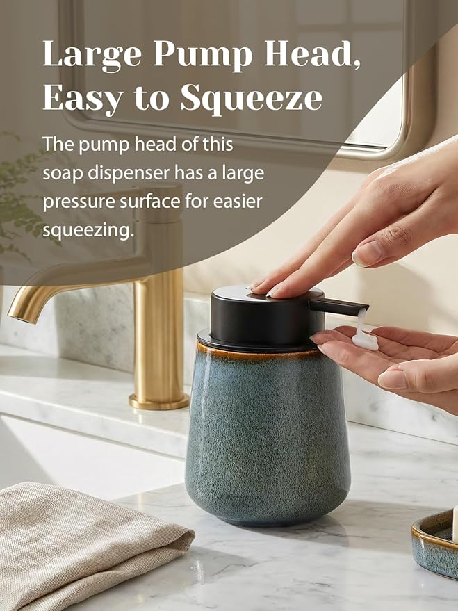 INGOFIN Ceramic Lotion Dispenser - 12 oz Refillable Hand Soap Dispenser Bathroom, Modern Liquid Dispenser with Pump, Dish Soap Dispenser for Kitchen,Kiln-Glazed Blue-Green