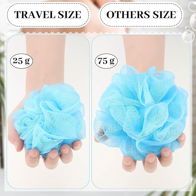 Funnymoom 12 Pcs Travel Size Loofah Individually Wrapped, Small Shower Puff Bath Sponge Pouf Ball Bulk Mesh Bath Puff Mini Loofah Sponge with Case Bulk for Shower Care (25g,Blue)