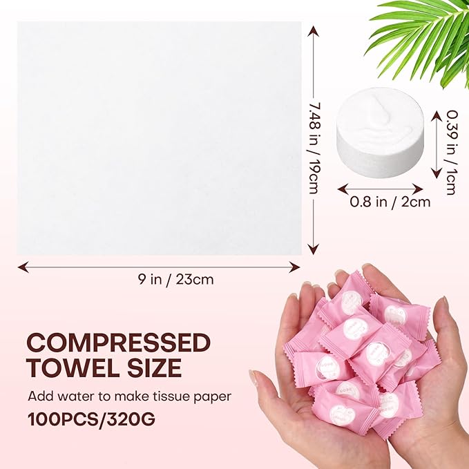 FCaeon Compressed Towel Tablets for Travel, 100 Disposable Face Towels