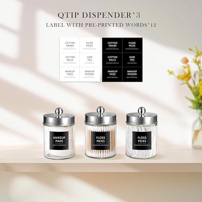 SheeChung 3-Pack Brushed Nickel Glass Apothecary Jars - Rust-Proof Stainless Steel Qtip Holder Set - Farmhouse Bathroom Vanity Organizer for Cotton Swabs, Balls, Pads - Small Storage Canisters
