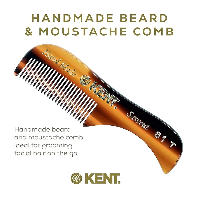 Kent A 81T X-Small Gentleman's Beard and Mustache Pocket Comb, Fine Toothed Pocket Size for Facial Hair Grooming and Styling. Saw-cut of Quality Cellulose Acetate, Hand Polished. Hand-Made in England