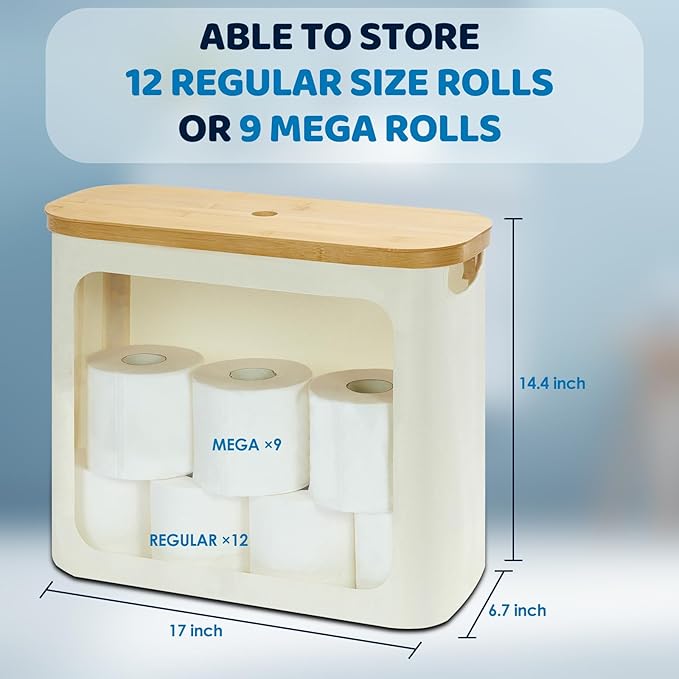 ROSOS Toilet Paper Storage with Lid, Large Toilet Paper Holder for up to 12 Rolls, Free Standing Bathroom Storage Organizer with Lid, Beige