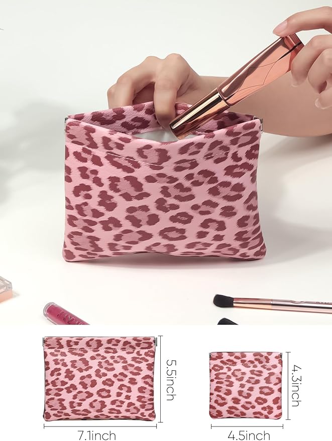 Ksriylm 2 Leopard Leather Small Makeup Pouches Set for Women,Cosmetic Accessories,Waterproof and Portable Cosmetic Bags,Self-closing,No Zipper, Aesthetic Storage Pouch,Lipstick for Purse, Pink