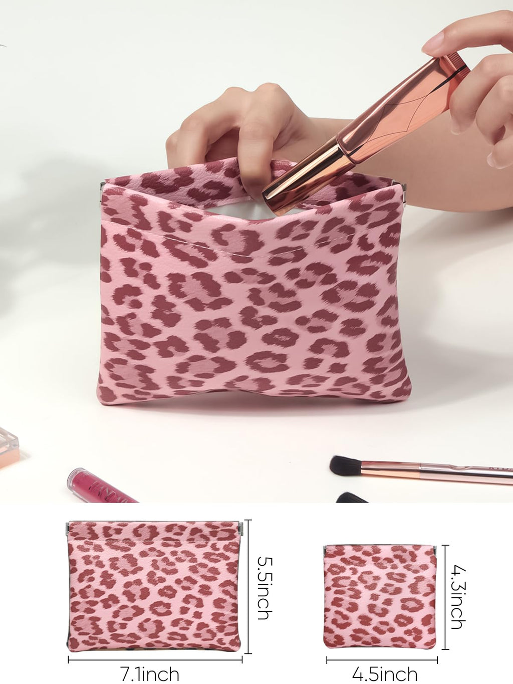 Ksriylm 2 Leopard Leather Small Makeup Pouches Set for Women,Cosmetic Accessories,Waterproof and Portable Cosmetic Bags,Self-closing,No Zipper, Aesthetic Storage Pouch,Lipstick for Purse, Pink