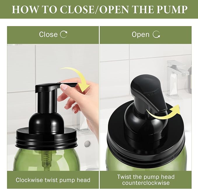 Amolliar Plastic Mason Jar Foaming Soap Dispenser Pump Lid, 16oz Foam Soap Dispenser with Cute Lables - Green Refillable Hand Soap Dispenser for Bathroom Kitchen Shower (2 Pack, Black)