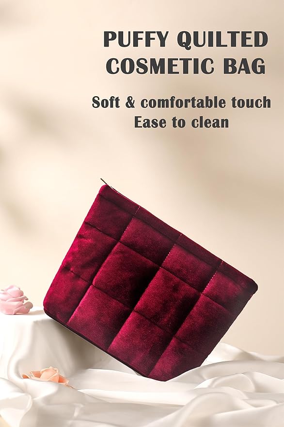 HFLZBRO Puffy Quilted Makeup Bag, Cosmetic Bag, Travel Toiletry Organizer Pouch, Clutch for Women(Wine Red - Velvet)