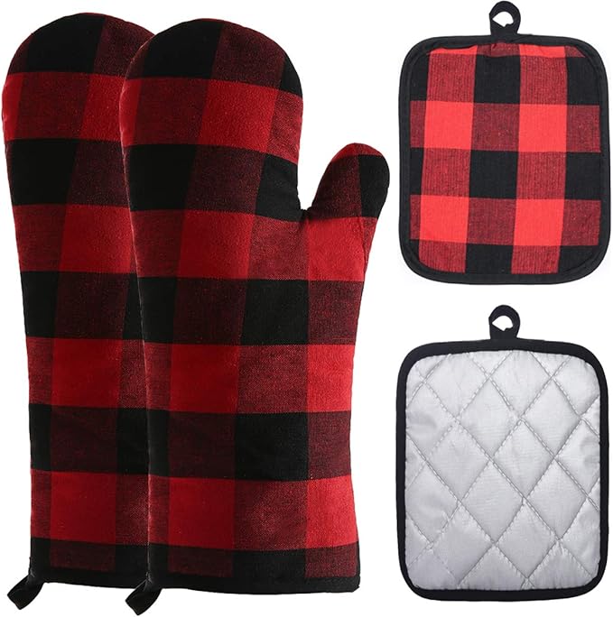 Win Change Oven Mitts and Potholders BBQ Gloves-Oven Mitts and Pot Holders with Recycled Infill Silicone Non-Slip Cooking Gloves for Cooking Baking Grilling (4-Piece Set) (Black/Red)