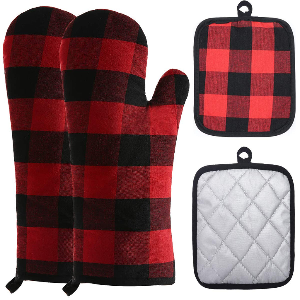 Win Change Oven Mitts and Potholders BBQ Gloves-Oven Mitts and Pot Holders with Recycled Infill Silicone Non-Slip Cooking Gloves for Cooking Baking Grilling (4-Piece Set) (Black/Red)