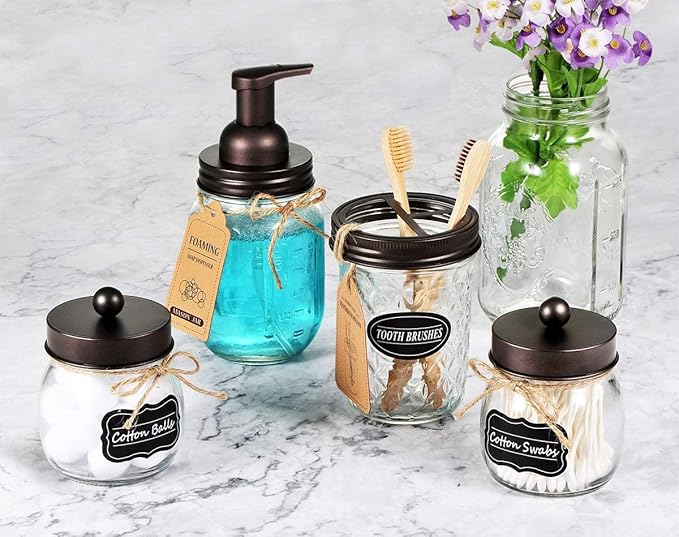 Amolliar Mason Jar Foaming Soap Dispenser Pump Lids, Foaming Pump Replacement Kit for Pint Regular Mouth Mason Jar, Refill Hand Soap, Waterproof Labels, Kitchen Bathroom Farmhouse Decor, Bronze 6 Pack