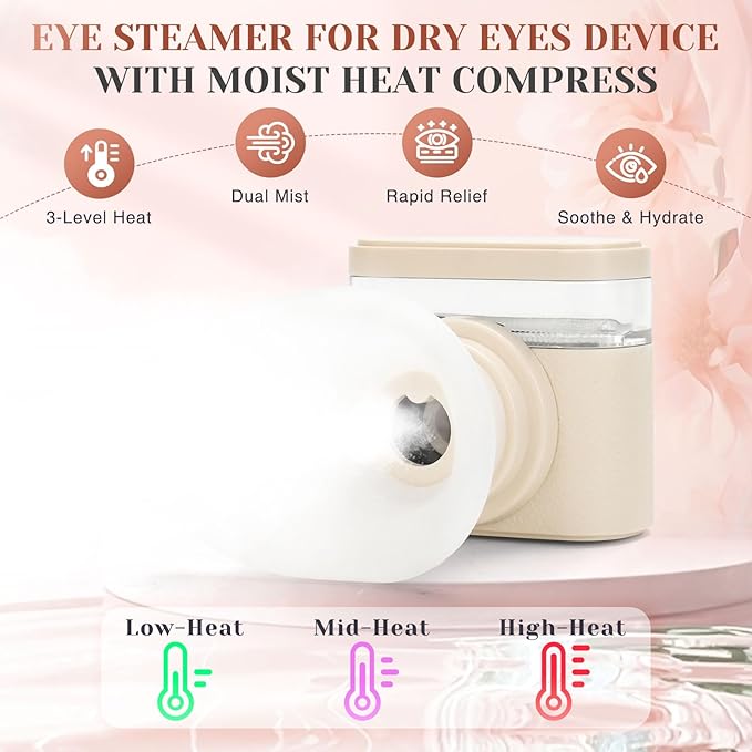 Portable Heated Eye Steamer for Dry Eyes - 3 Heat Settings, Warm Moist Heat Therapy to Restore Natural Tears, Dry Eye Relief Sprayer (Beige)