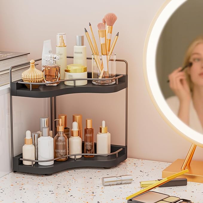 Aollewoiti 2-Tier Corner Bathroom Counter Organizer with Embedded Screw Holes, Secure & Stable Wood Vanity Shelf for Makeup and Skincare Essentials - Space Saving Bathroom Countertop Storage, Black