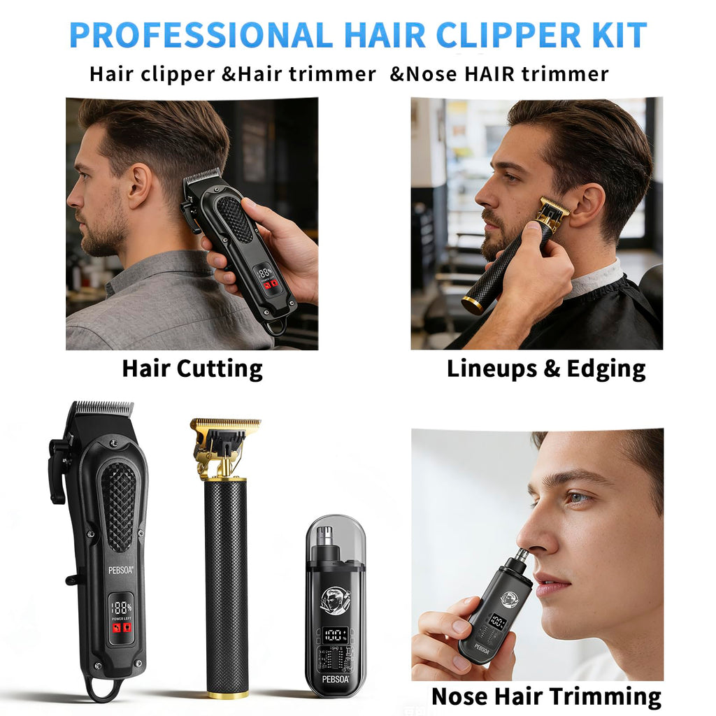 pebsoa Cordless Hair Clippers for Men, Clipper & Trimmer Kit with Nose Trimmer