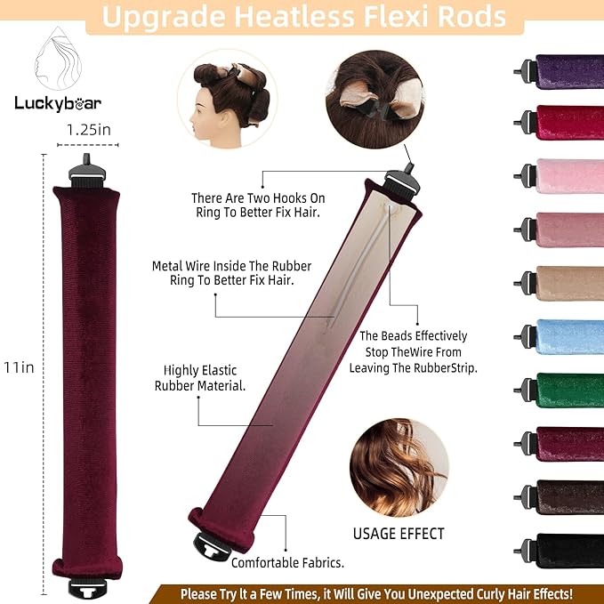 Overnight Heatless Hair Curler Satin Flexi Rods for Heatless Overnight Jumbo Curls, No-Heat Styling Tools for All Hair Types, 3pcs Wine