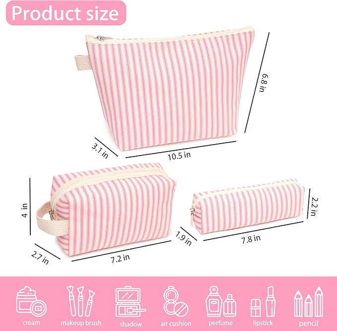 Beayuva 3 Pcs Canvas Makeup Bag Set Cosmetic Pouch for Women Travel Toiletry Bag Cute Makeup Organizer Purse Pouch Preppy Pencil Case with Zipper (Pink Pinstripes)