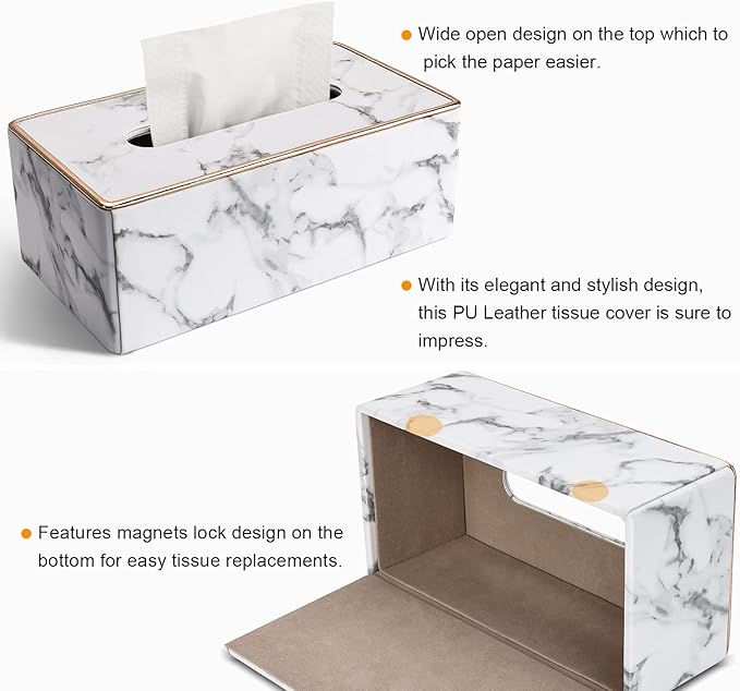 Tissue Box Cover Rectangular, PU Leather Tissue Box Holder for Kleenex, Napkin, Rectangle Tissue Box Covers, Tissue Holder for Bathroom Car Home Decorative 9.84"X5.23"X3.77" - Phnom Penh Marble