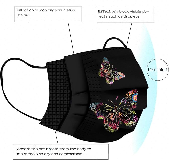 50pcs Black Disposable Face Masks, Masks with Butterfly Printed, 3-Ply Full Protection for Women Men Teen Girls