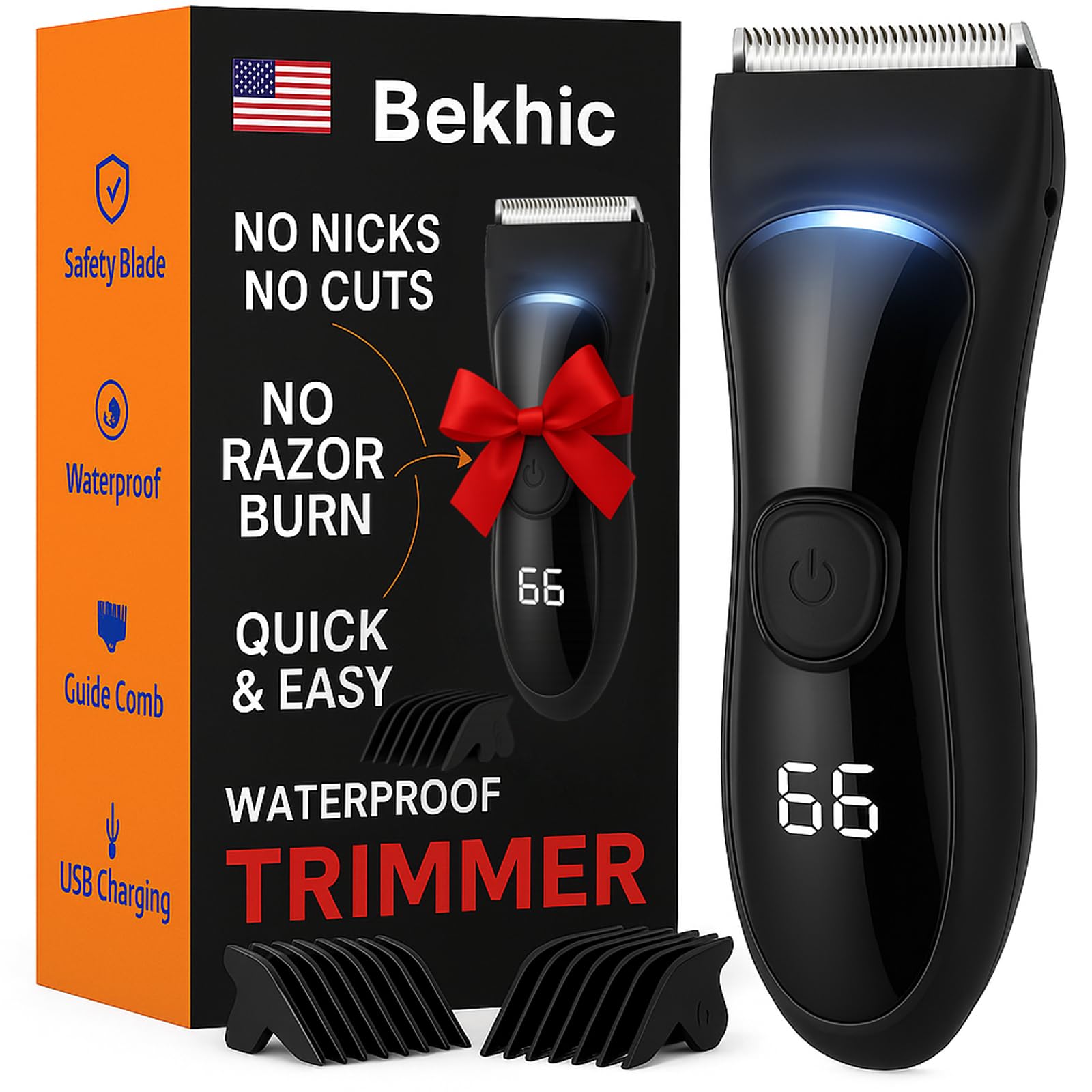 Bekhic Manscape Groin & Body Hair Trimmer for Men – Waterproof Pubic Hair Shaver & Ball Groomer with LED Light – No-Nick Ceramic Blade, 90-Min Runtime, Cordless Wet/Dry Clipper for Sensitive Skin