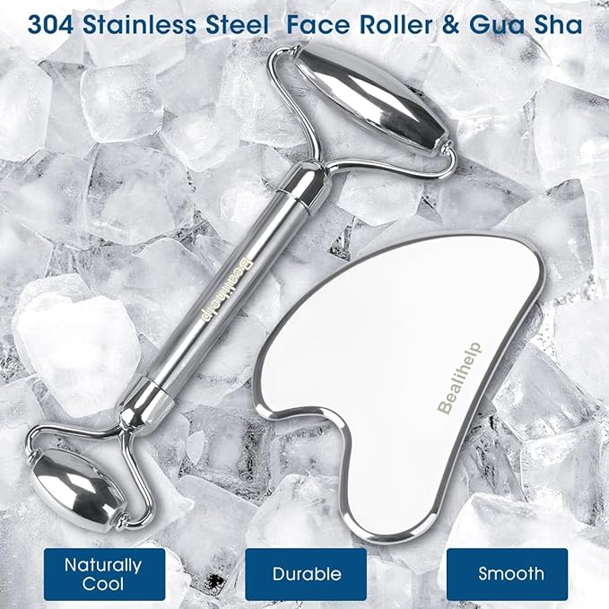 Bealihelp Face Roller and Gua Sha, Stainless Steel Facial Roller and Guasha Tool for Face, Skin Care Roller for Wrinkles and Lifting, Improve Puffiness, Metal Face Massager for Eyes, Neck Tighten