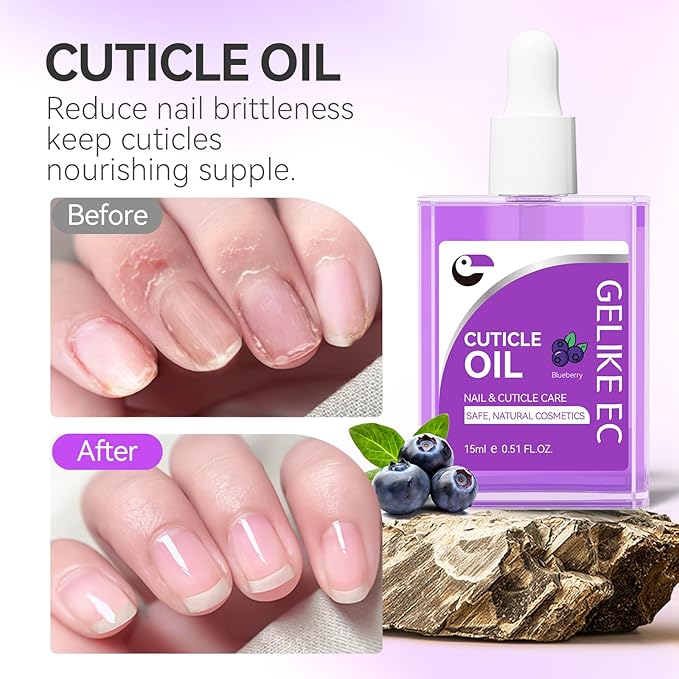 Gelike EC Nail Cuticle Oil - Blueberry Scent Organic Nail Moisturizing With Natural Jojoba Vitamin B & E for Nail Bed ＆ Damaged Nails Repair Treatment- Cuticle Cream for Nail Growth and Strength