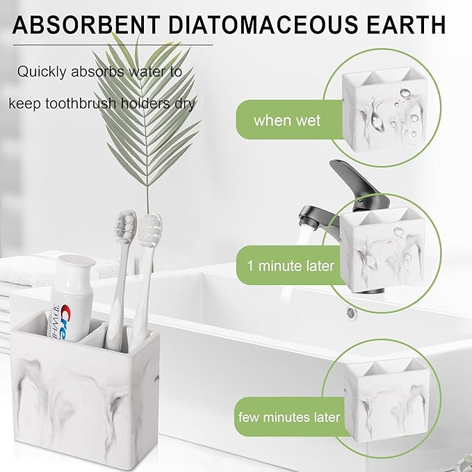 Diatomite Toothbrush Holder 2 Slots Tooth Brush Holder for Bathroom, Kids Electric Toothbrush and Toothpaste Organizer for Countertop, Shower, Vanity, 2 Pack, Marble White