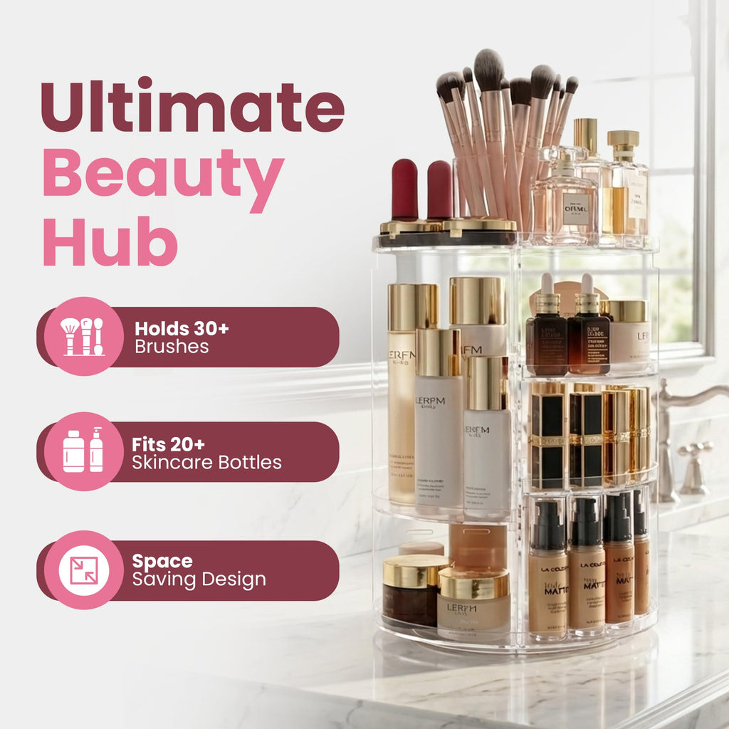Masirs 360 Rotating Makeup Organizer Countertop, Adjustable Shelf, Clear