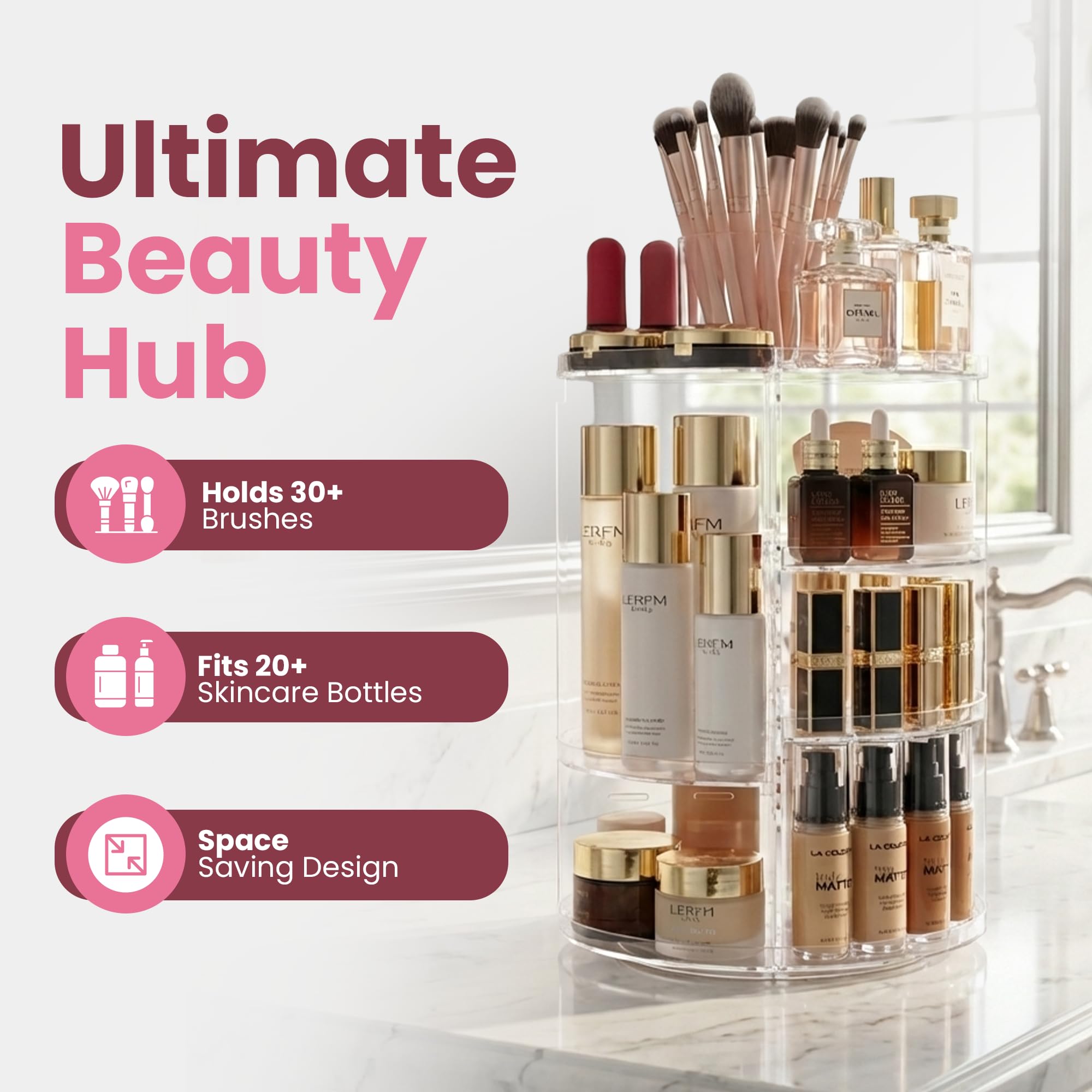 Masirs 360 Rotating Makeup Organizer Countertop, Adjustable Shelf, Clear
