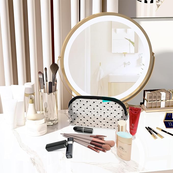 TOPASION Portable Mesh Makeup Bag with Zipper Small Travel Toiletry Bag Lightweight Cosmetic Pouch (Beige&Black Heart Half Round)