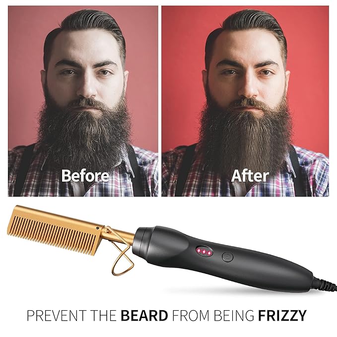 Electric Hot Comb Hair Straightener - Pressing Combs, Ceramic Hair Straightening Comb, Curling Iron for Natural Black Hair Men Beard or Holiday Gift - Glod 3 In1