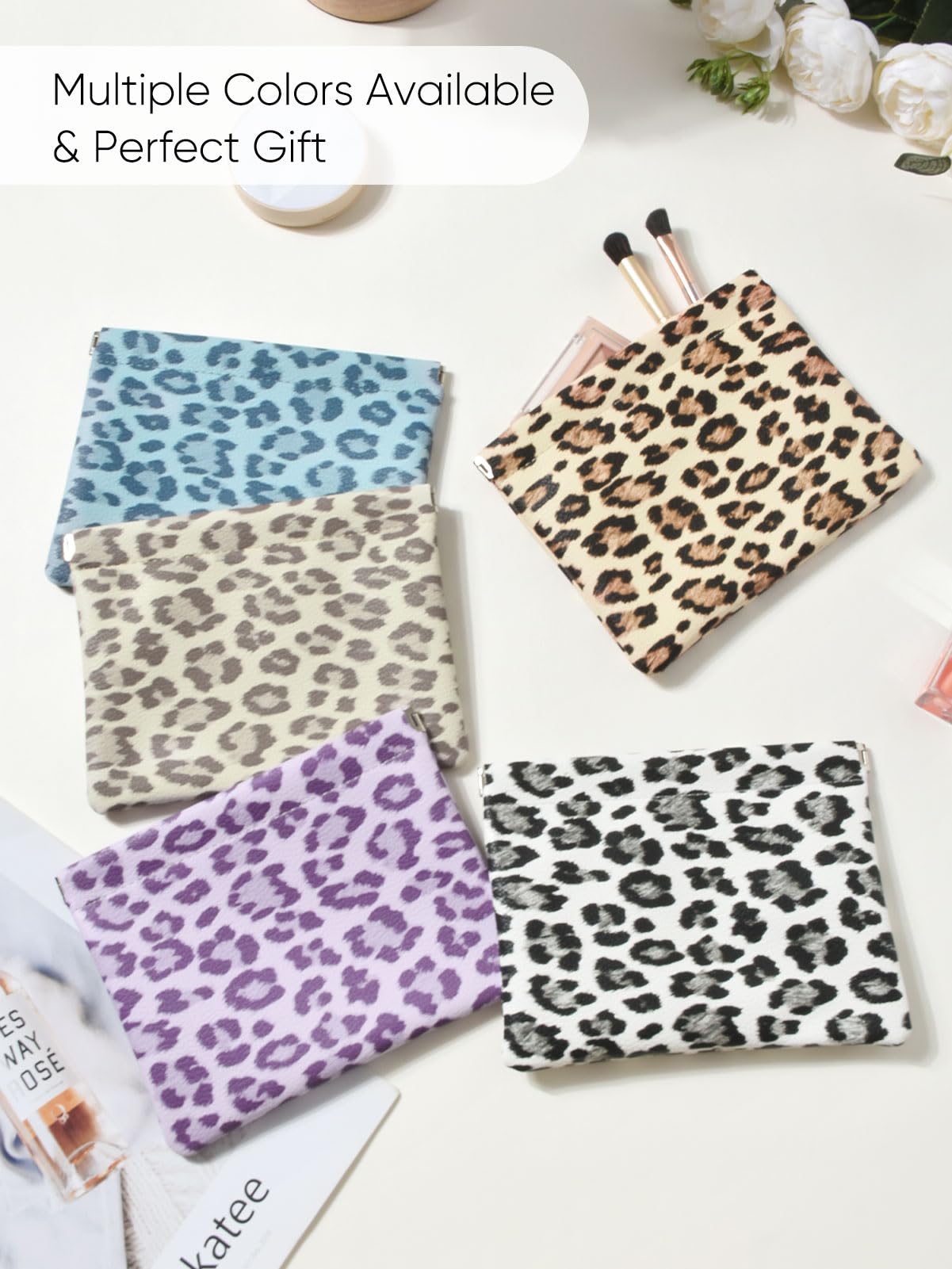 Ksriylm Leopard Leather Small Makeup Pouch for Women,Cosmetic Accessories,Waterproof and Portable Cosmetic Bag,Self-closing, No Zipper, Aesthetic Storage Pouch,Lipstick for Purse,Beige Brown