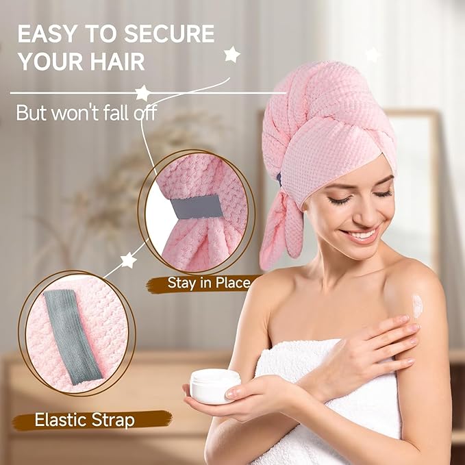 Microfiber Hair Towel Wrap Turban 2 Pack Large | Super Absorbent Quick Dry & Anti-Frizz for Women with Curly Hair | 27.5" x 39.4" Hair Towel Cap