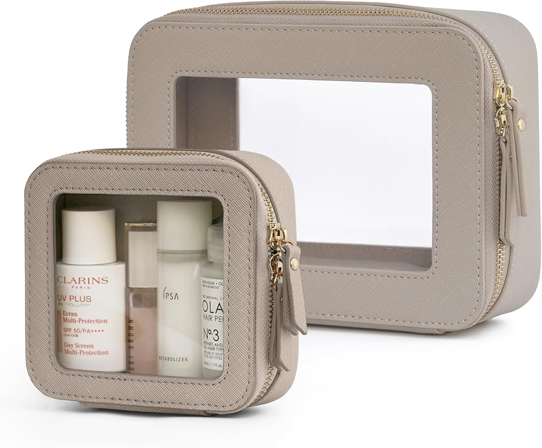 Popvibe Clear Makeup Case Toiletry Bag Travel Medium Clear Cosmetic Bag with Zipper, Make Up Bag Organizer Traveling TSA Approved Transparent Bag Car for Essentials, Mini & Medium, Stone