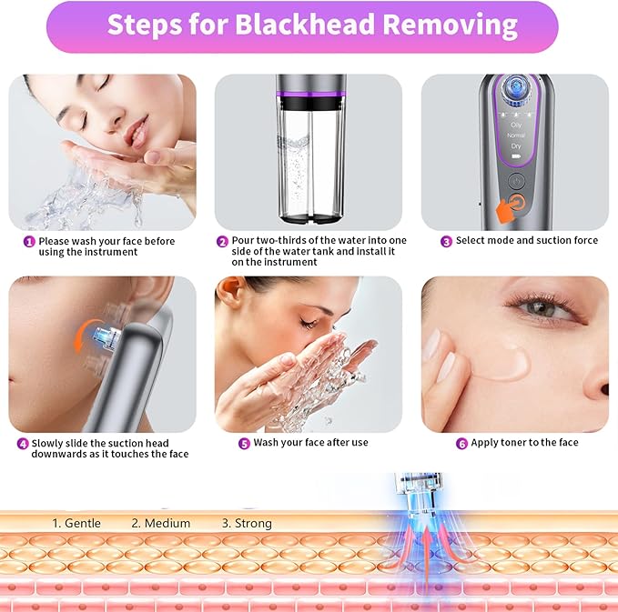 Blackhead Remover Vacuum with Microbubble Cleaning, Facial Pore Extractor & Pro Cleanser Tool, 3 Suction Levels, 5 Replaceable Heads for Deep Cleansing & Skin Care