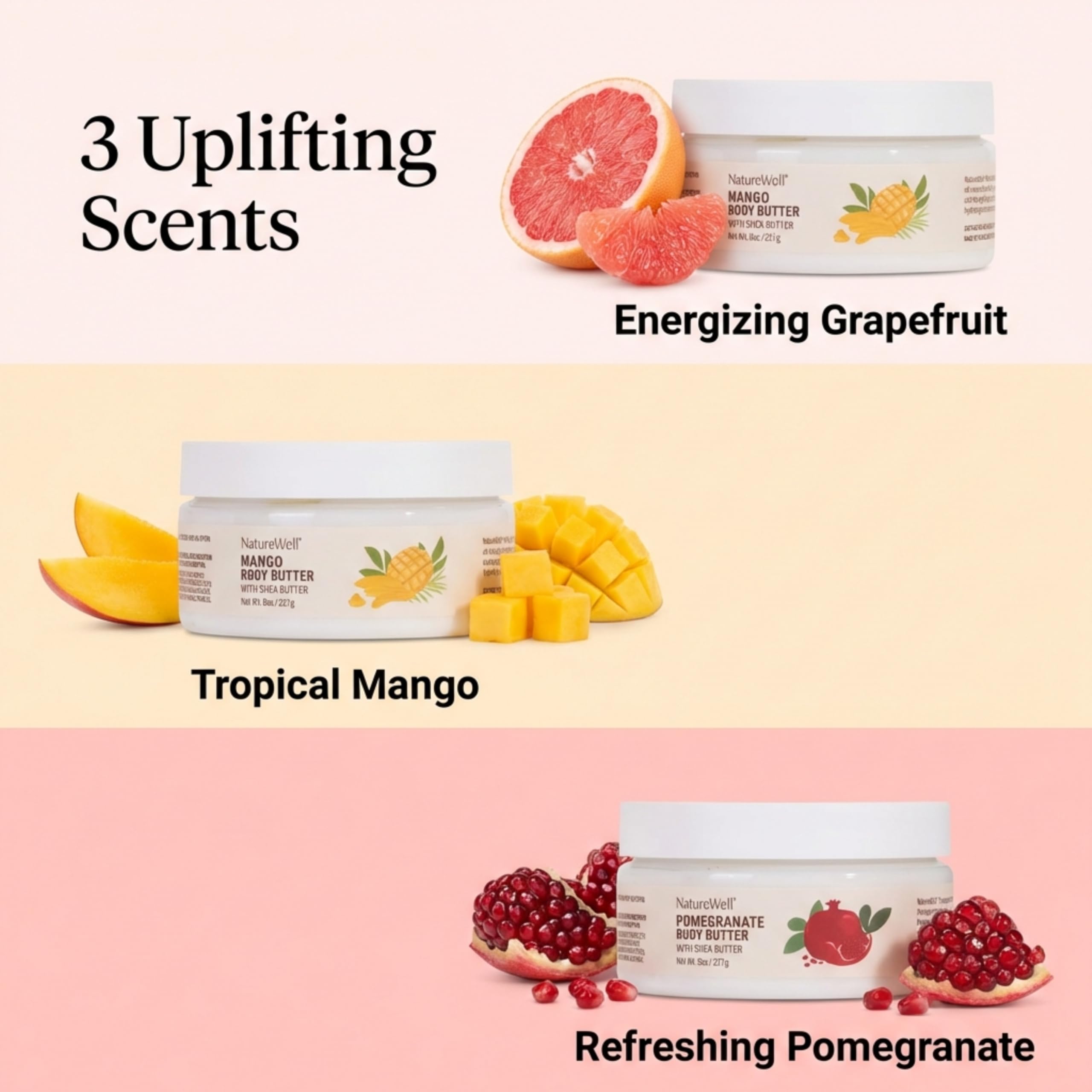 NATURE WELL Shea Body Butter Variety Pack, Includes Grapefruit, Mango, & Pomegranate, Provides Ultimate Nourishment & Hydration, 3 Pack (8 Oz Ea)