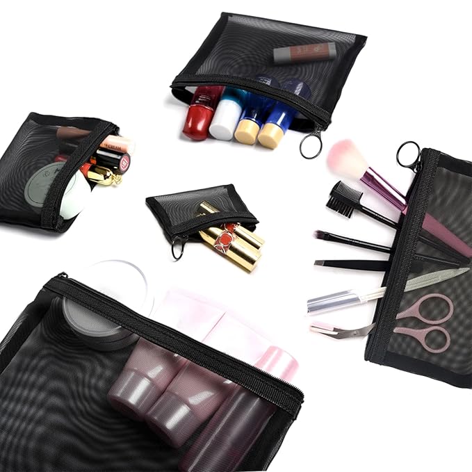 patu Zipper Mesh Bags, Pack of 5 (XS/S/M/L & Long Pouch), Beauty Makeup Cosmetic Accessories Organizer, Travel Toiletry Kit Set Storage Case, Black