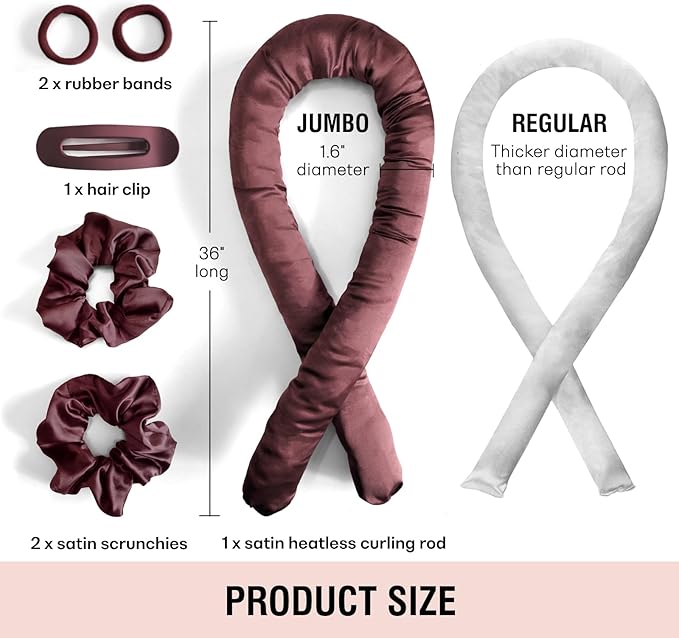 BLINKEEN Jumbo Heatless Hair Curler Set-Satin Heatless Curls Overnight, Jumbo Curling Rod Headband, No Heat Curlers To Sleep in (Burgundy)